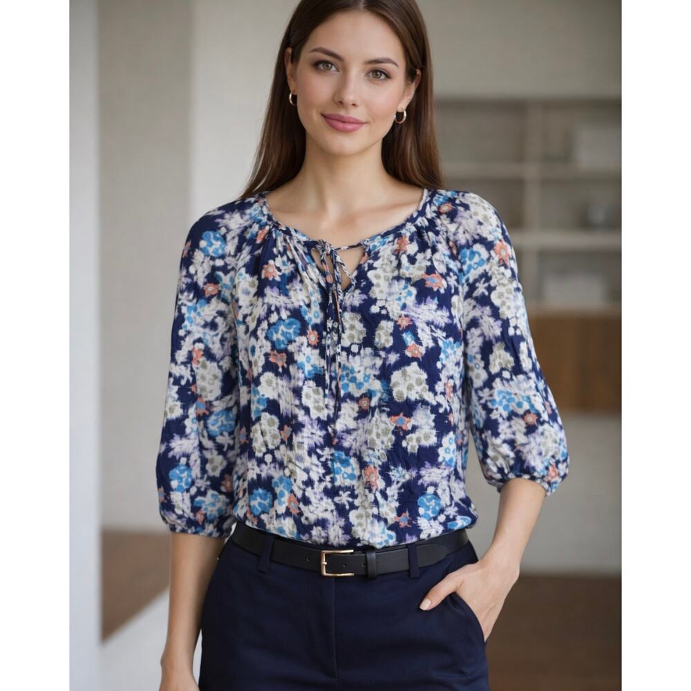 Rebecca Taylor Size Small Boho Peasant Top Blouse Blue Floral Silk 3/4 Sleeves